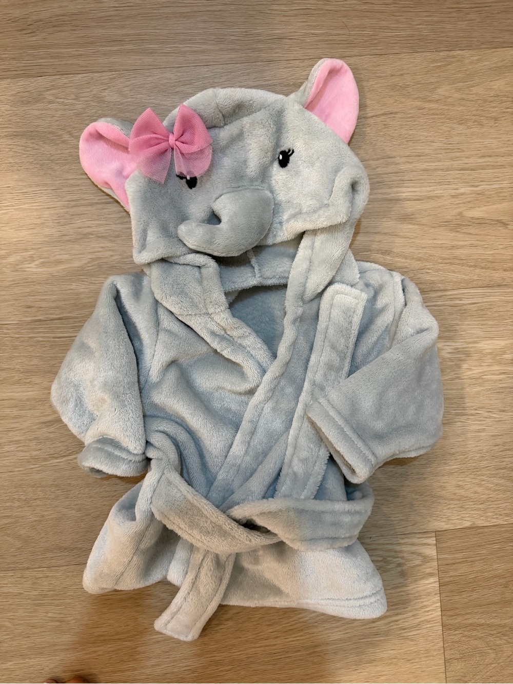 Gray Elephant Hooded Baby Pajama Robe with Pink Ear Accents size 0-9 mths